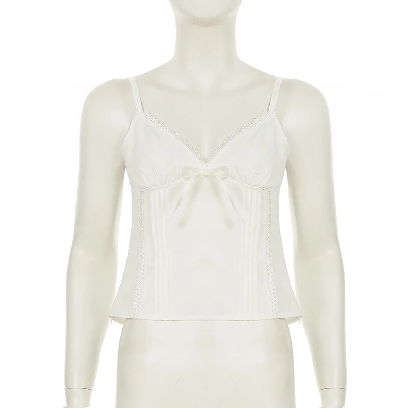 Aiertu  -  Solid Fold Texture Bow Sexy Camisole Deep V-neck Casual Streetwear All-match White Summer Top Chic Vintage Vest Aiertu
