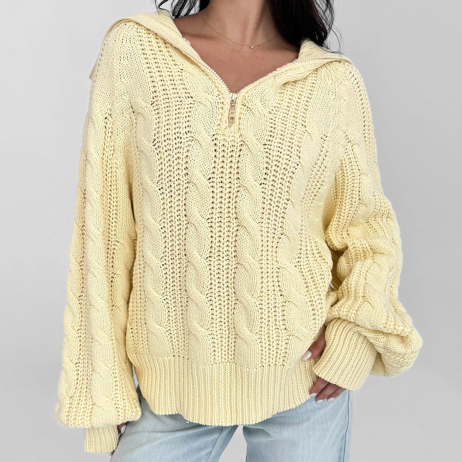 Aiertu  -  Women Cable Knit Chunky Sweater Comfy Long Sleeve Quarter Zip Knitted Pullover Fall Winter Trendy Half Zip Knitwea Aiertu