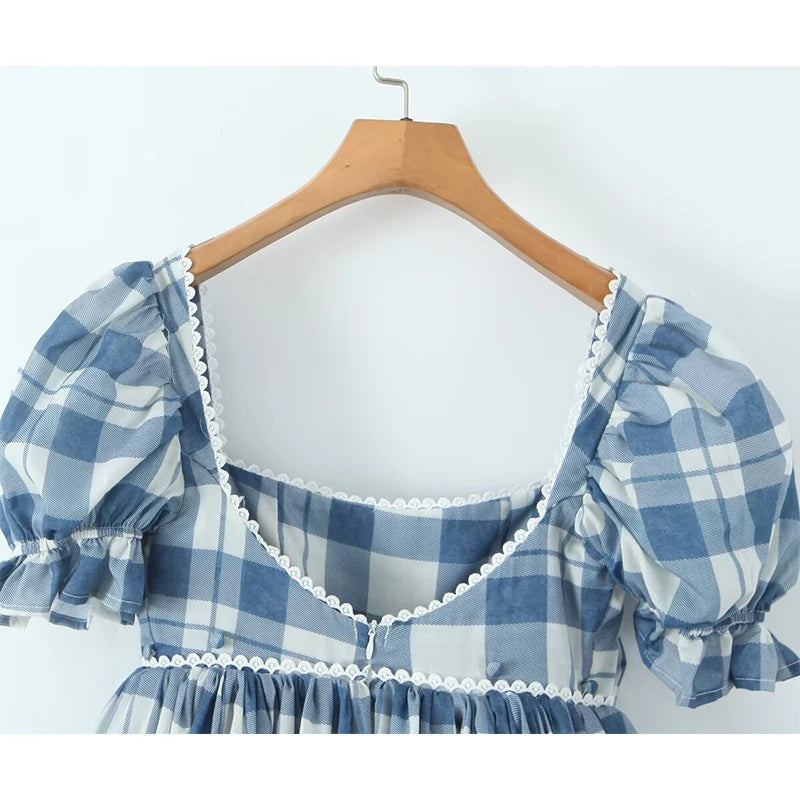 Aiertu  -  Women Bow Plaid  Ball Gown Mini Dress Vintage Puff Sleeve Square Neck Elegant Summer Dresses Party Robe Aiertu