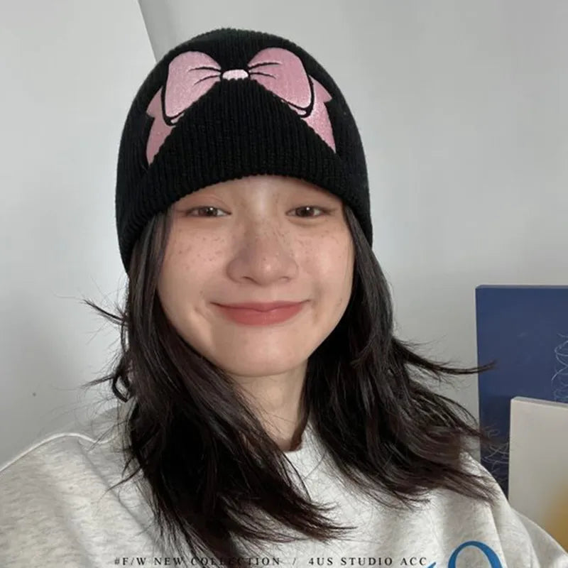 Aiertu  -  Autumn Winter Bow Embroidery Knitted Hats Women Girls Fashion Pink Bow Warm Adult Beanie Hat Korean Skullies Caps Female Bonnet Aiertu