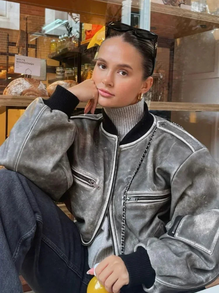 Aiertu  -  Women Casual O Neck Zipper bomber jacket Elegant Lantern Long Sleeves Pocket Short Coat Autumn Lady Commuting Motorcycle Outwear Aiertu