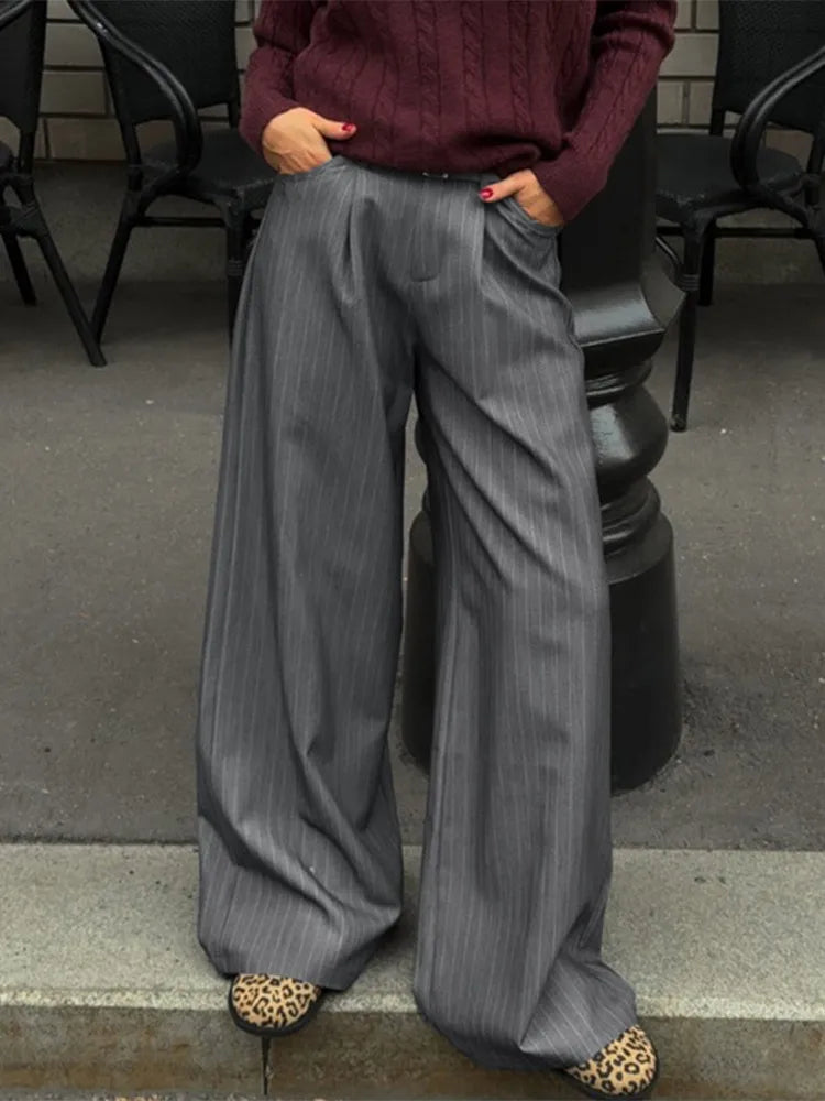 Aiertu  -  Commute Striped Pants Women High Waist Wide Leg Floor-length With Belt Pants Female 2025 Spring Summer Chic Street Lady Trousers Aiertu