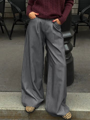 Aiertu  -  Commute Striped Pants Women High Waist Wide Leg Floor-length With Belt Pants Female 2025 Spring Summer Chic Street Lady Trousers Aiertu