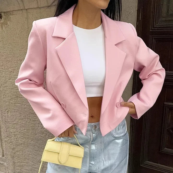 Aiertu  -  Pink Casual Short Blazers For Women Loose 2026 Autumn Winter New Top Long Sleeve Solid Notched Lady Fashion Blazers Coat Aiertu