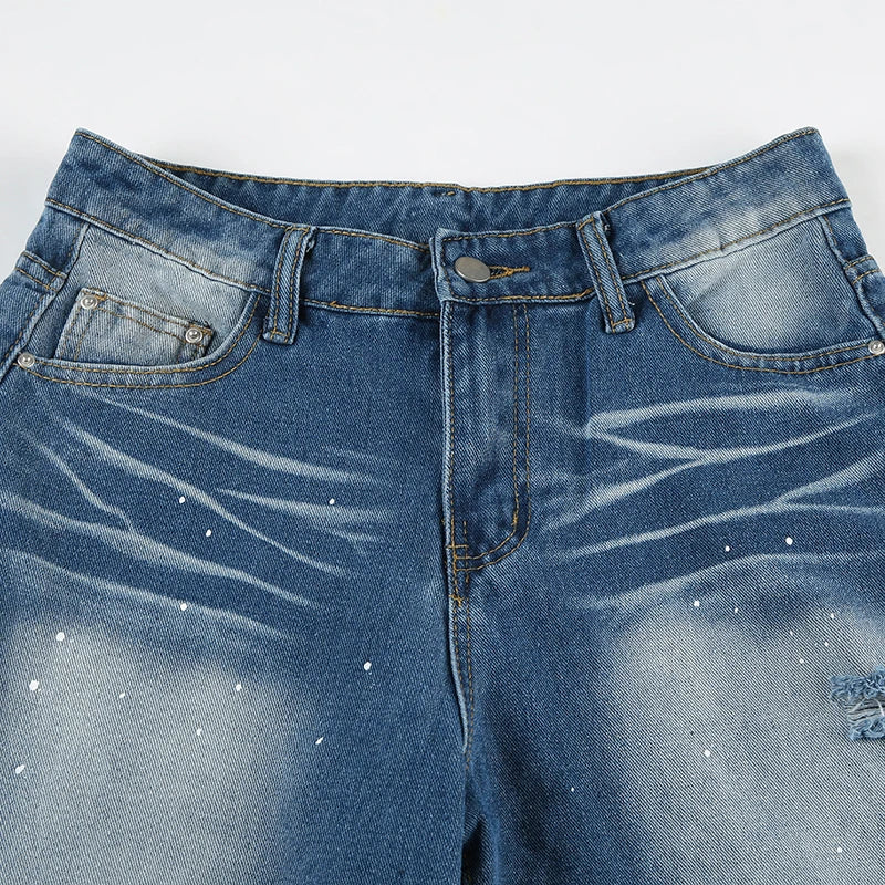 Aiertu  -  Distressed Ripped Denim Pants Summer Casual Low Rise Loose Wide Leg Midi Pants for Women Streetwear Short Denim Trousers Aiertu