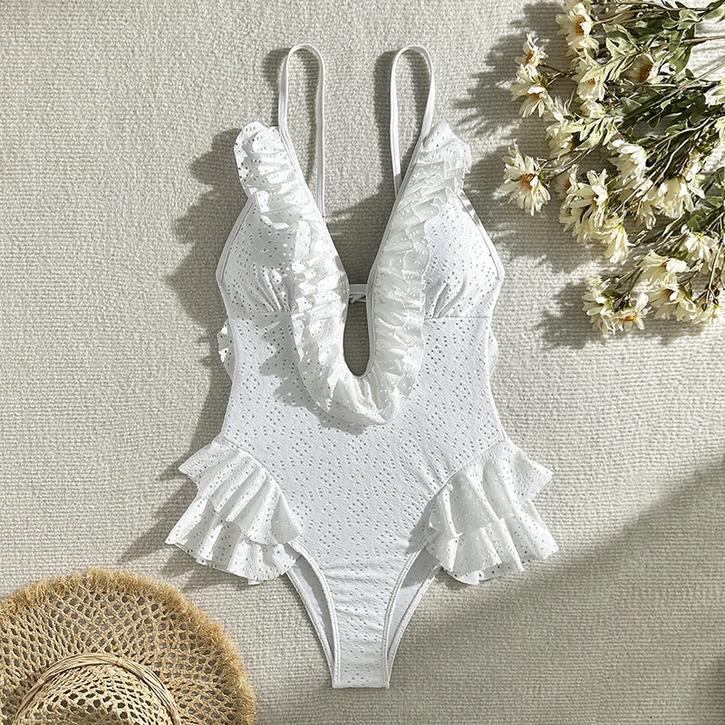 Aiertu  -  Summer New White Body Suit One Piece Swimsuit Bikini For Women Sexy Deep V-Neck Backless Lace Patchwork Bodycon Outfits Aiertu