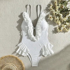 Aiertu  -  Summer New White Body Suit One Piece Swimsuit Bikini For Women Sexy Deep V-Neck Backless Lace Patchwork Bodycon Outfits Aiertu