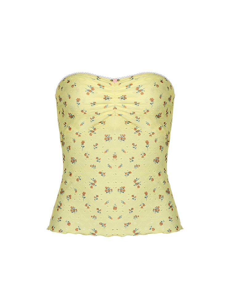 Aiertu - summer inspo Yellow Floral Print Sleeveless Strapless Slim Cute Y2K Tube Top Women Lace Trim Shirring 2000sSummer Holiday Clothing Aiertu