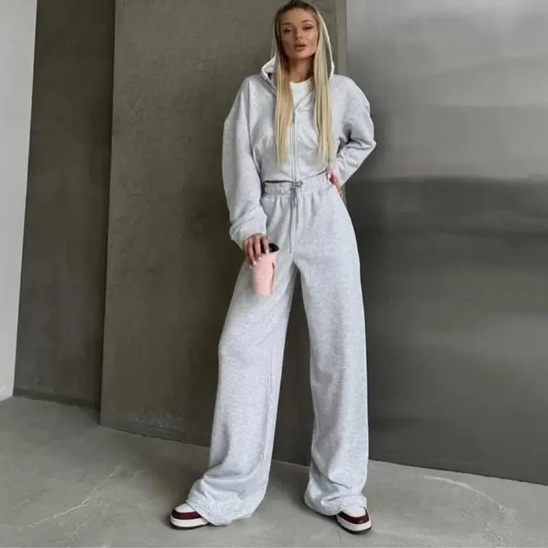 Aiertu  -  Casual Solid Hoodies Pants Set Women Long Sleeve Zipper Short Sweatshirt Loose Drawstring Trouser 2026 Autumn New Lady Tracksuit Aiertu