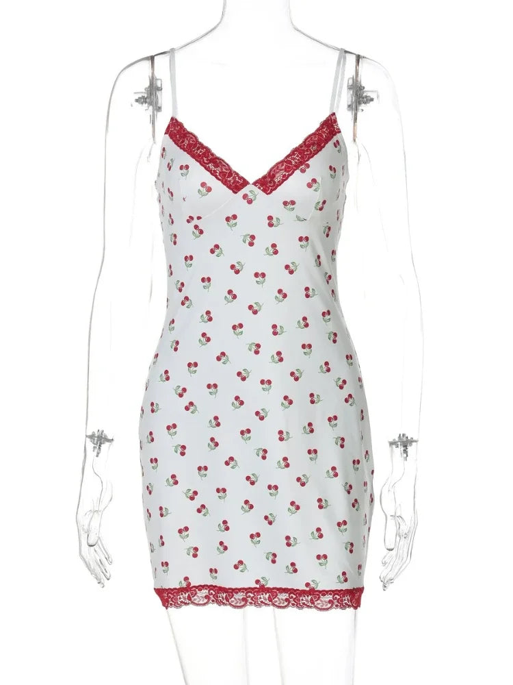 Aiertu  -  Y2K Cherry Printed Lace Patchwork Short Dresses for Women Casual Sexy V-neck Sleeveless Backless Slim Beach Vacation Dress White Aiertu
