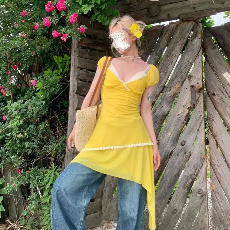 Aiertu  Summer Lace Patchwork Y2k Aesthetic Dresses Streetwear Women Irregular Grunge Dress Harajuku Puff Sleeve Sweet Mini Vestidos Aiertu