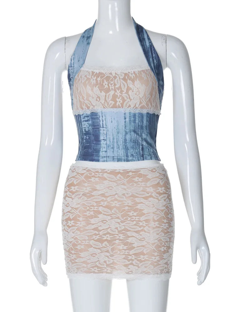 Aiertu  -  2026 New Fashion Lace Patchwork Dresses Sets Women Summer Halter Neck Backless Corset Top+Mini Skirts Sexy 2 Pieces Matching Set Aiertu