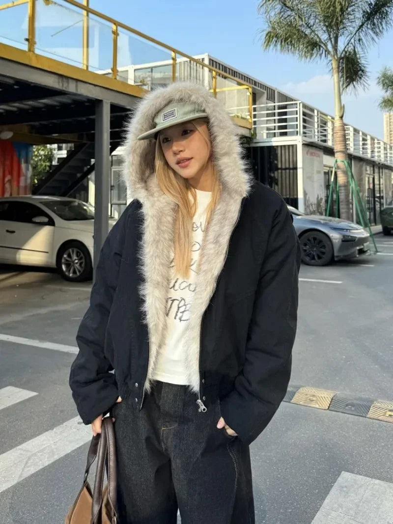 Aiertu  -  Trendy Y2K Plush Lined Hooded Solid Color Thick Coat Women's Popular Clothing Winter New Plus Velvet Thick Loose Casual Coat Aiertu