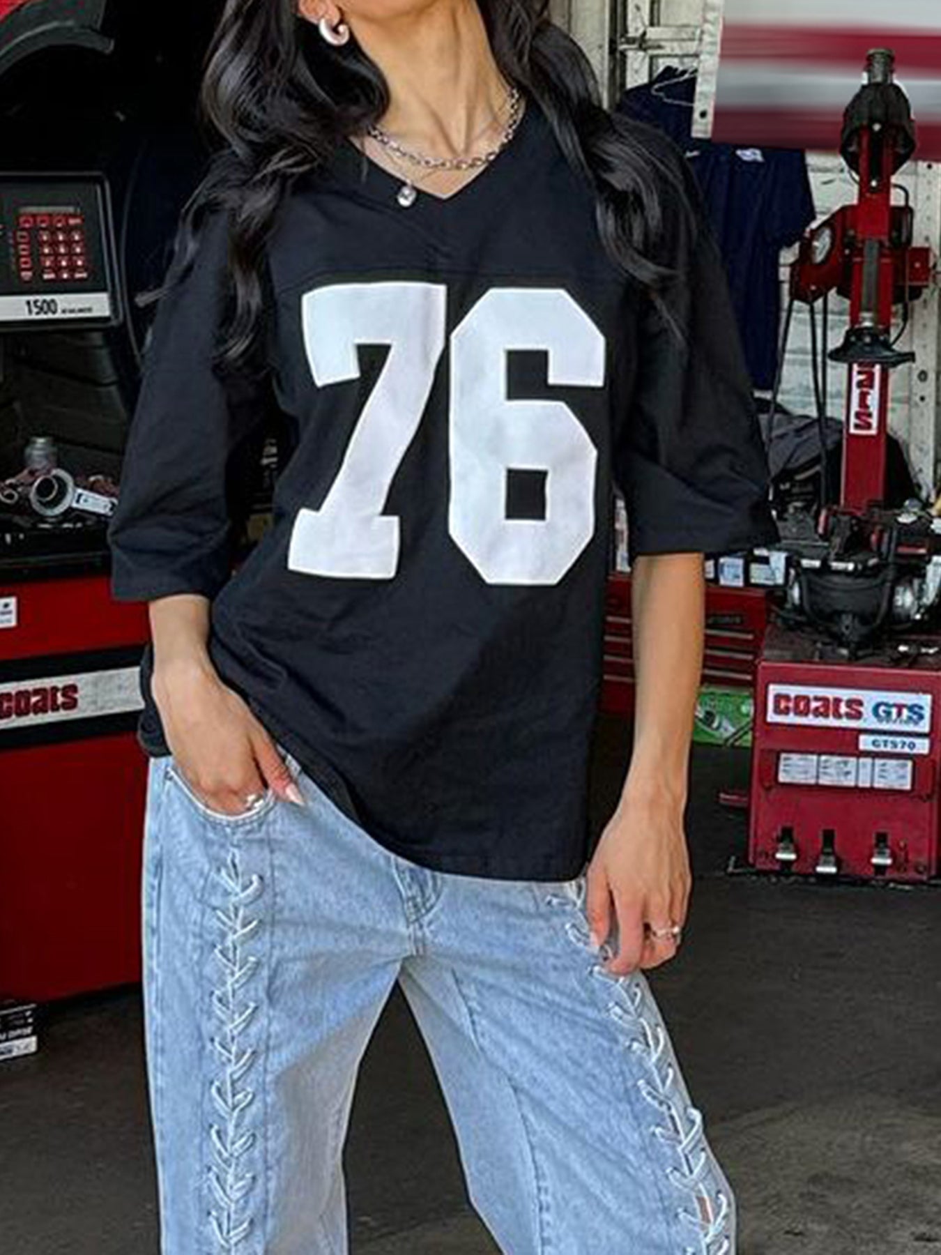 Aiertu - summer inspo Digital Print Casual Loose White T Shirts For Women V Neck Short Sleeve Preppy Streetwear Summer Top Tees Football Jersey Aiertu