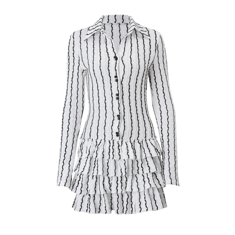 Aiertu  -  Women Fashion Contrasting Color Dress 2025 Summer New Long Sleeve Shirts Dress Femme Street Casual Vacation Ruffle Dress Aiertu