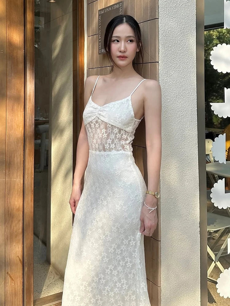 Aiertu  -  Elegant Dress Women Jacquard Sleeveless Flower Backless Fashion Low-Neck See Through Vacation Birthday Party Vestidos Aiertu