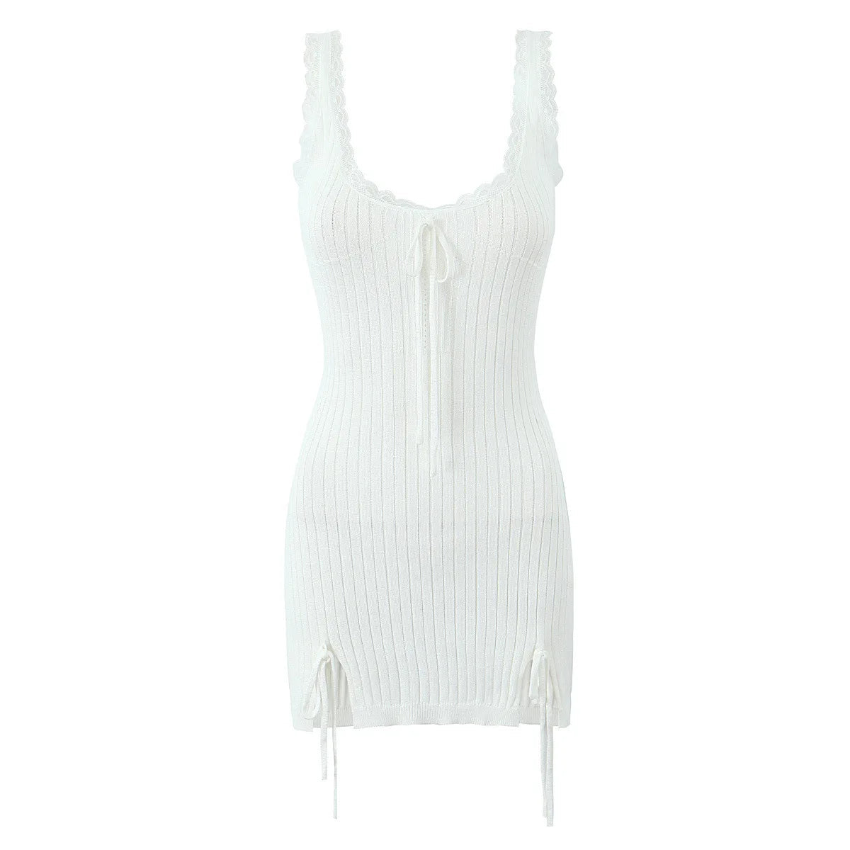 Aiertu  -  New Pink White Lace Patchwork Short Dress For Women's Clothing Ruffle Square Collar Vacation Beach Summer Knit Slip Dress Aiertu