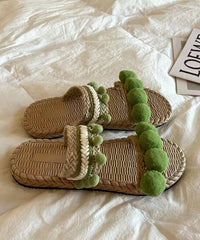 Aiertu  Green Fuzzy Ball Decorated  Splicing Slide Sandals Peep Toe Aiertu