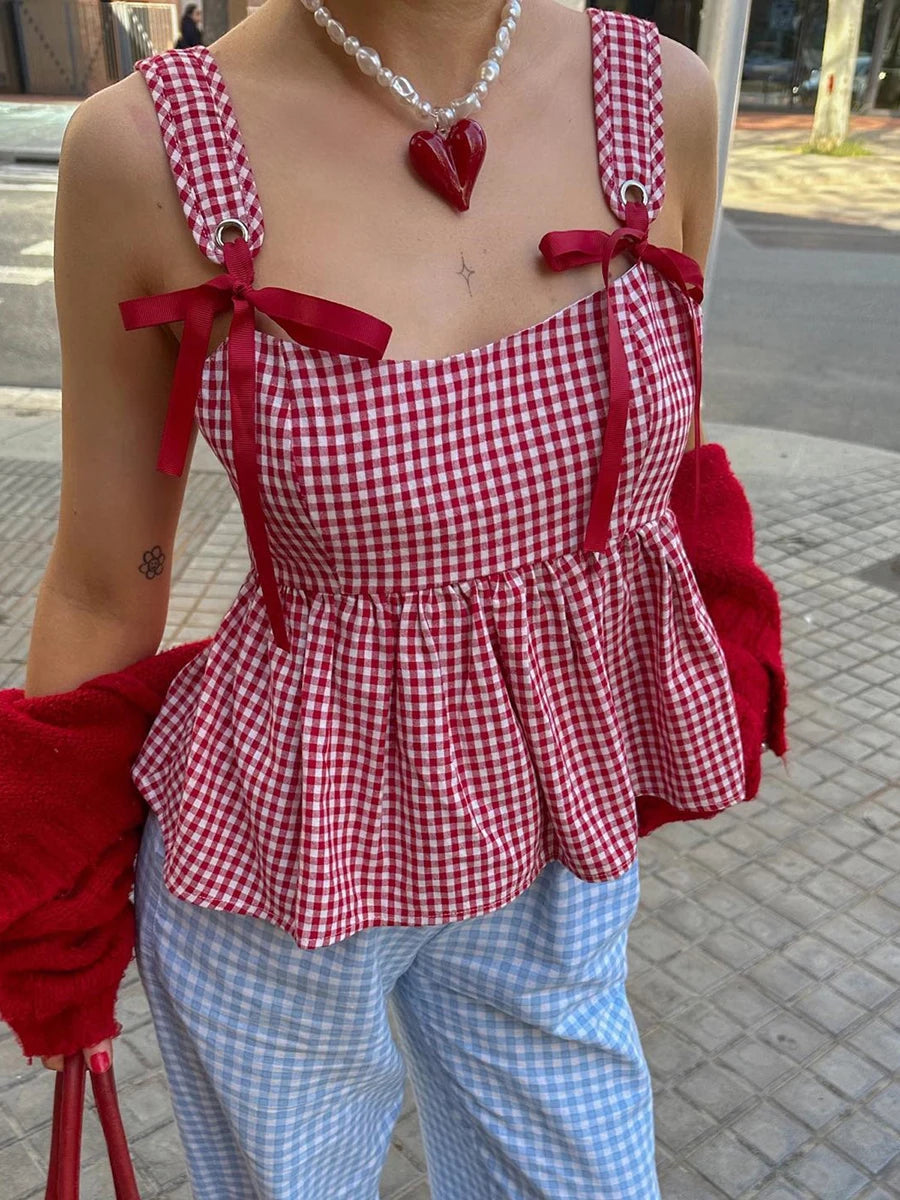 Aiertu  -  Y2k Tank Top Sleeveless Women Red Gingham Bow Tie Down Camisole Ruffle Hem Peplum Tops Summer Streetwear Aiertu