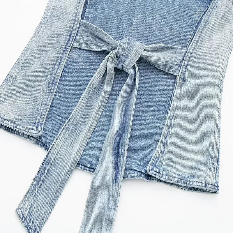 Aiertu  -  Sexy Denim Backless Lace Up Vest Women Slim O-neck Sleeveless Spliced Female Waistcoat Summer Lady Chic Casual Streetwear Aiertu