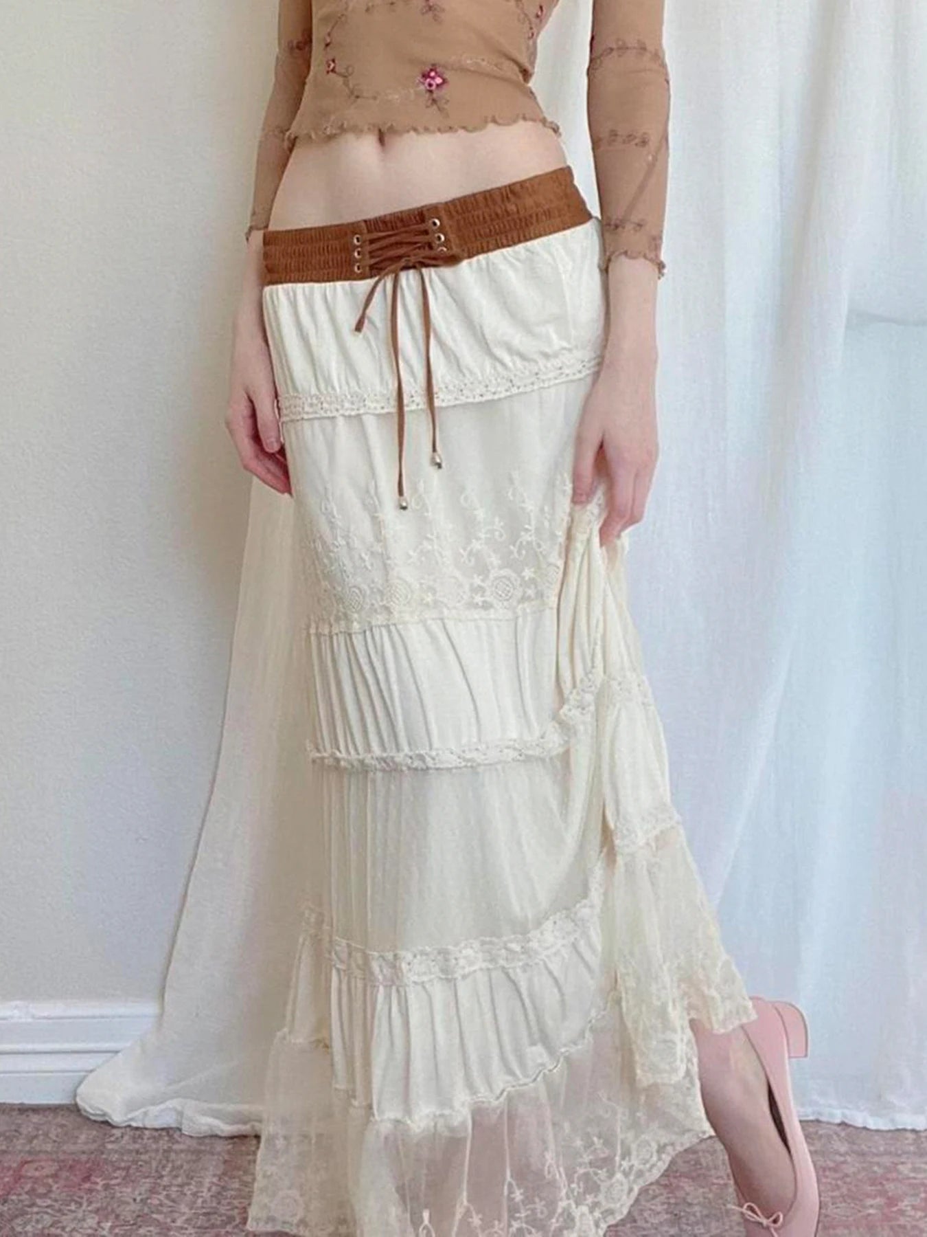 Aiertu  -  Summer Elegant Lace Skirt Vintage Contrast Bandage Low Rise Straight Loose Long Skirts for Holiday Women Casual Clothing Aiertu