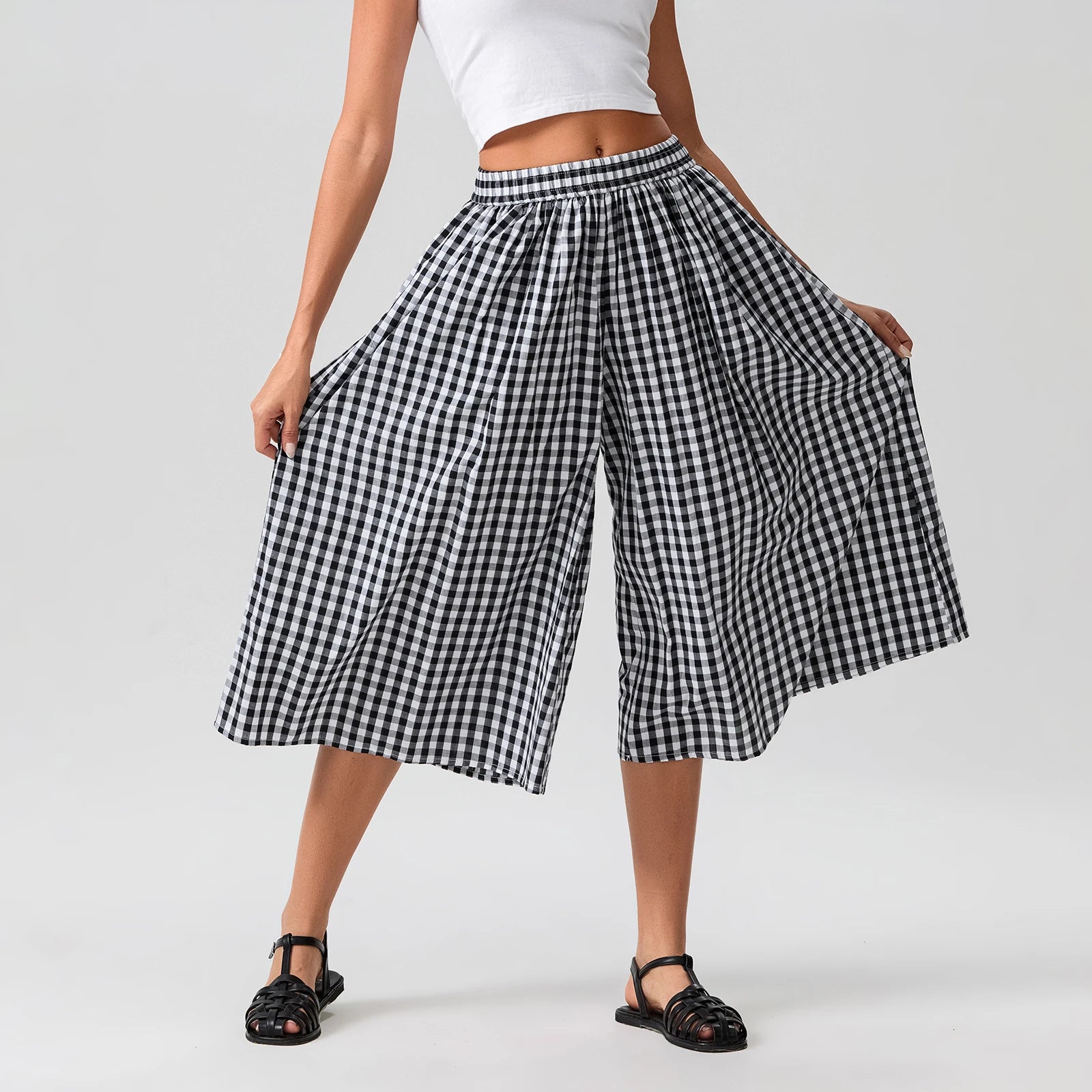 Aiertu  -  Women Summer Plaid Print Capri Culottes Elastic Waistband Wide Leg Loose Side Pocket Casual Pull On Trousers Aiertu