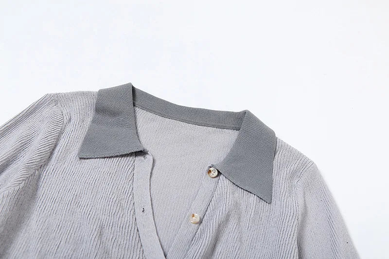 Aiertu  -  Hollow Button Knitted Cardigan Top Female Sexy See Through Lapel Contrast Slim Spring New Long Sleeve Women's Sweater Top Aiertu