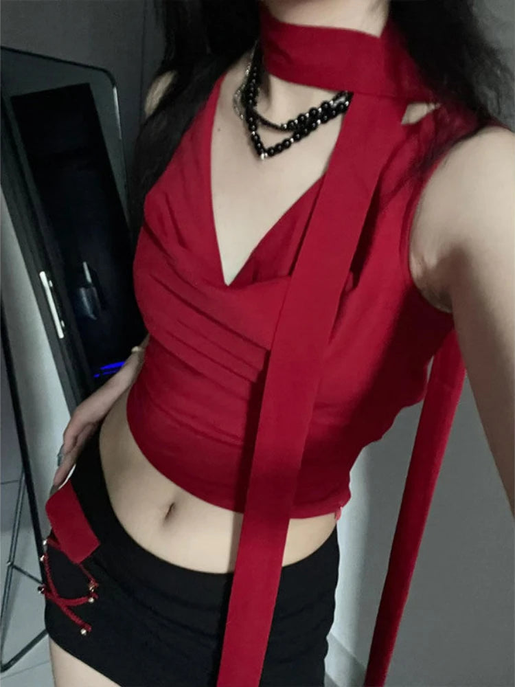 Aiertu  -  Streetwear Sexy Swing Collar Bandage Tanks 2025 Summer Harajuku Vintage Cropped Camisoles Y2k Aesthetic Fairy Solid Grunge Vests Aiertu