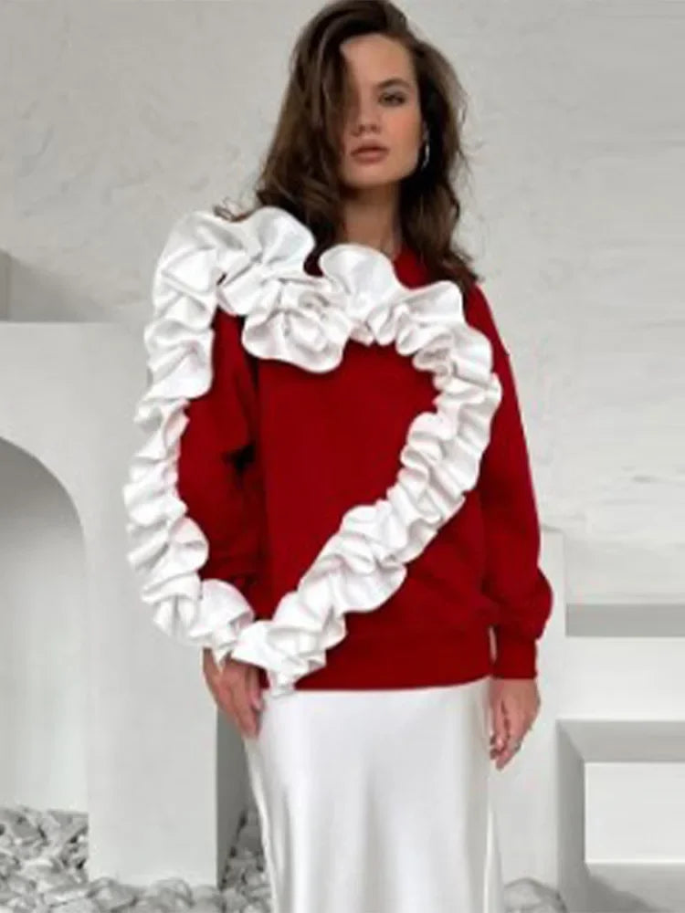 Aiertu  -  Fashion Red Love 3d Floral Knitted Hoodies 2026 Women Fashion Round Neck Long Sleeves Sweater Autumn Lady Commute Jumper Top Aiertu