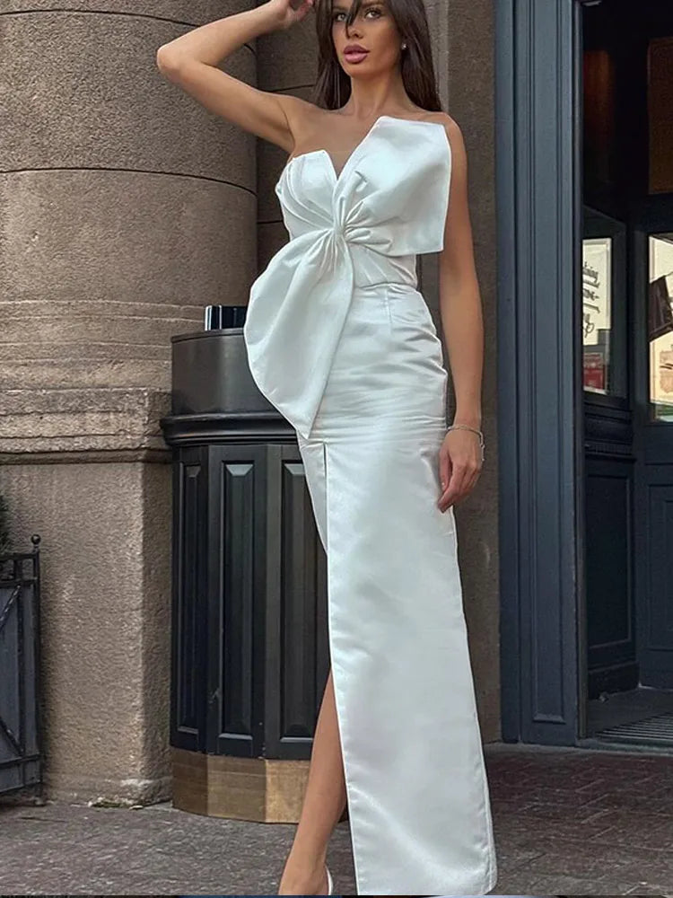 Aiertu       -  3d Bow Strapless High Slit Dress For Women Fashion Off Shoulder Sleeveless Slim Dresses New Female Night Party Evening Gowns Aiertu