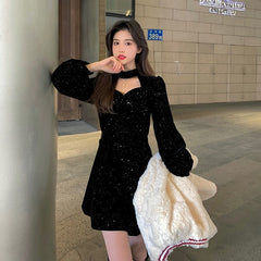 Aiertu Red Velvet Elegant Party Mini Dress Women Sequins Long Sleeve Wram Vintage Dress Ladies Casual Korean A-line Dress 2025  New Year Aiertu