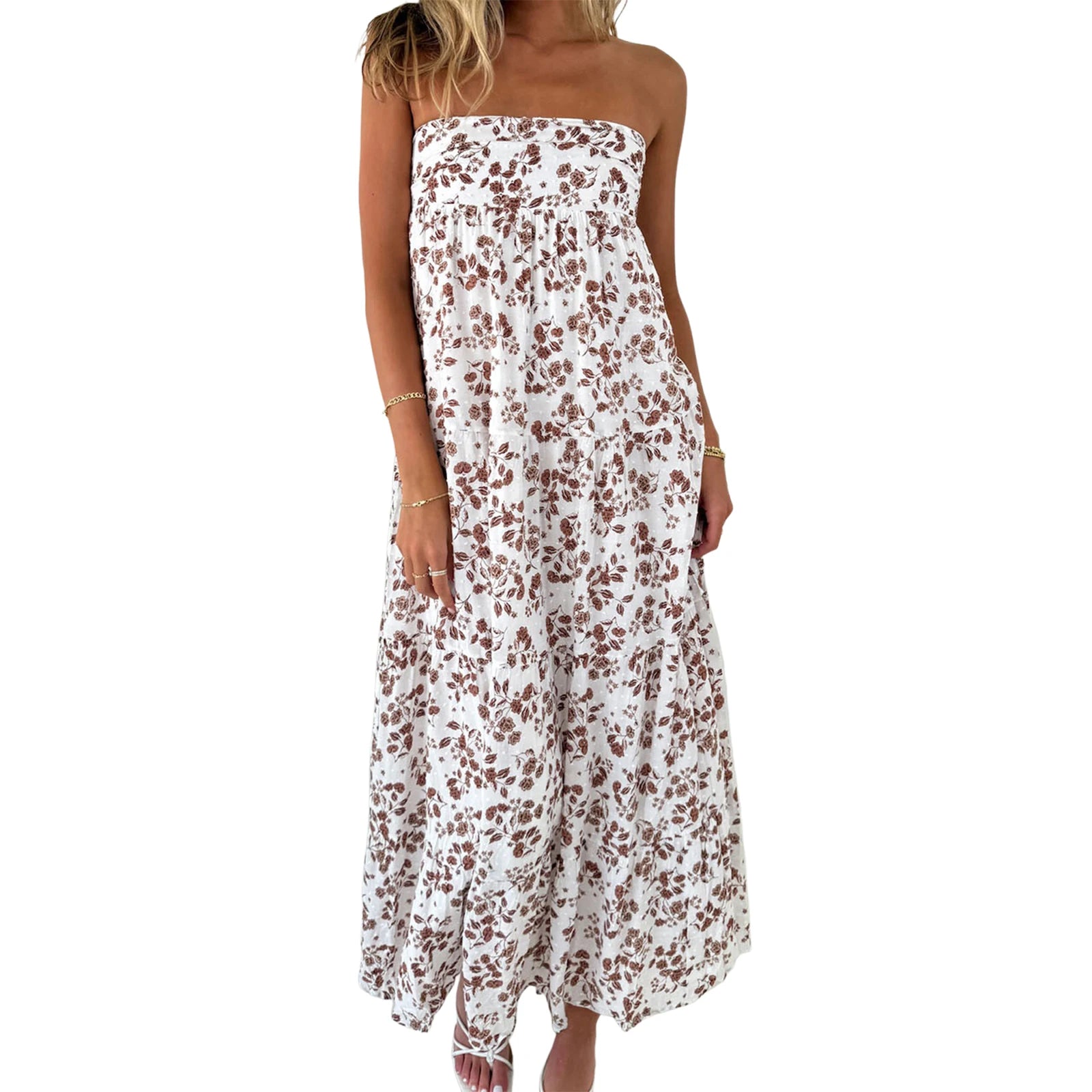 Aiertu  -  Elegant Off-Shoulder Maxi Dress with Boho Floral Print and Lace-Up Back Detail for Summer Wedding Party or Vacation Beachwear Aiertu