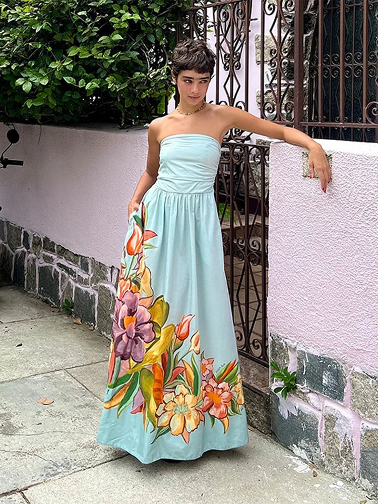 Aiertu  -  Blue Printed Strapless Dress Pleated Fluffy Large Hemline Cinched Waist Slimming Off Shoulder Robes Women Beach Long Dresses Aiertu