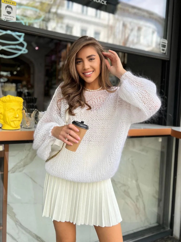 Aiertu  -  Fashion Women Purple Cut Out See Through Loose Knitwear Fashion O Neck Lantern Long Sleeves Pullover Casual Lady Street Jumper Aiertu