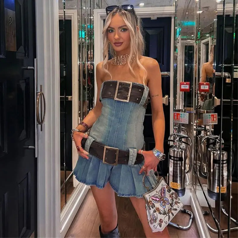 Aiertu  -  Women new style skirt hot girl retro super wide detachable belt thirteen lines pleated tube top denim dress Aiertu