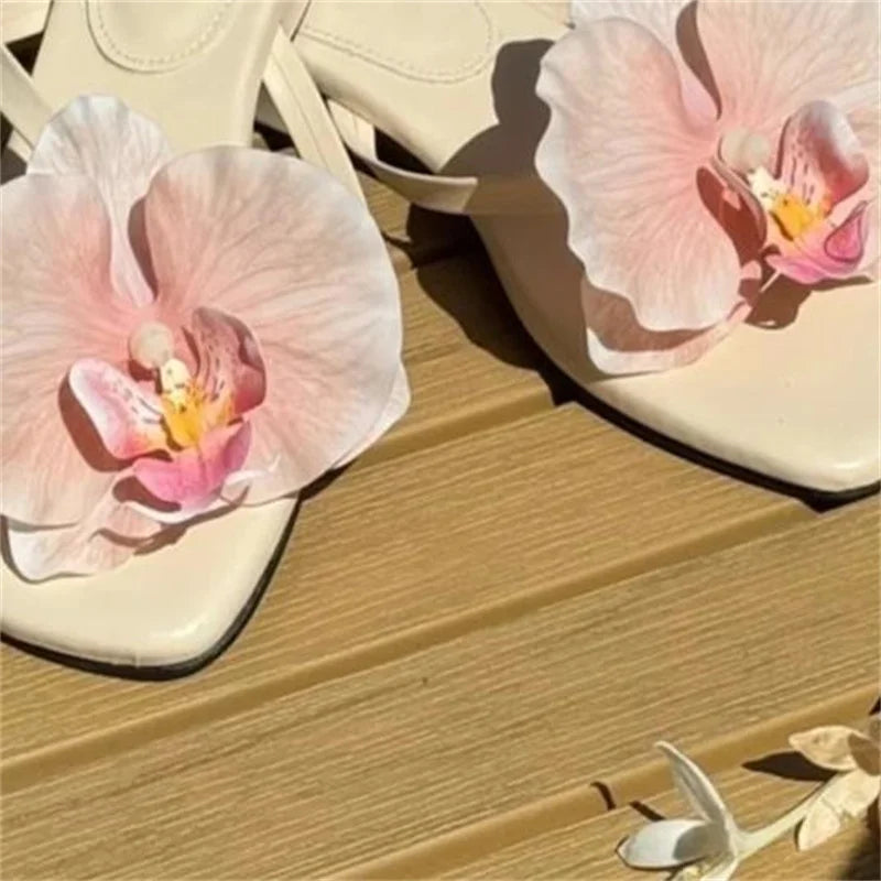Aiertu  -  Flower Decoration Shoes for Womens Square Toes Solid Flat Heels Sewing Lines Zapatos Mujer PU Ladies Front Strap Chassure Femme Aiertu