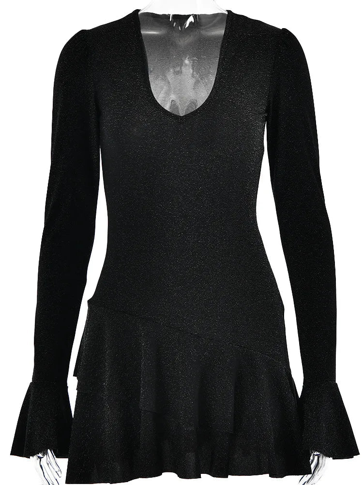 Aiertu Sexy DeepV Brilliant Silk Long Sleeve Dress Women Ruffled Bodycon Mini Dress Female Tight Elegant Party Evening Vestidos Aiertu