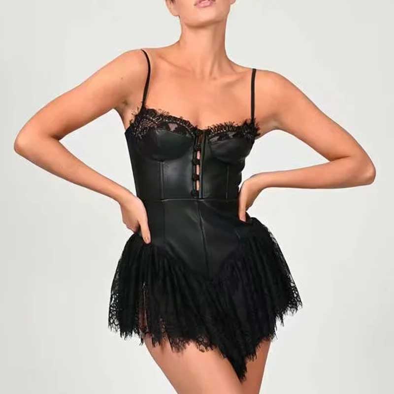 Aiertu Sexy black Lace Corset bodice Spaghetti Strap Mini Dress Women Backless Party Skater dress new hot women dress Aiertu