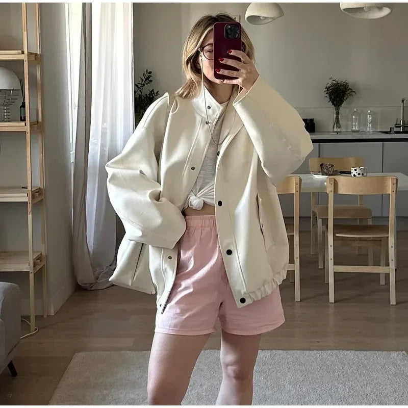 Aiertu  -  Street Women's White Leather Jacket Casual Stand Collar Single Breasted Long Sleeve Female Coat Autumn Lady Elegant Outwear Aiertu