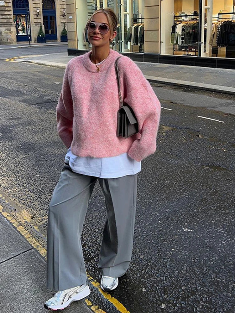 Aiertu  -  Elegant Knit Solid Women Pullover Loose Full Sleeve O Neck Female Sweater 2024 Autumn Fashion Pink All Match Lady Knitwear Aiertu
