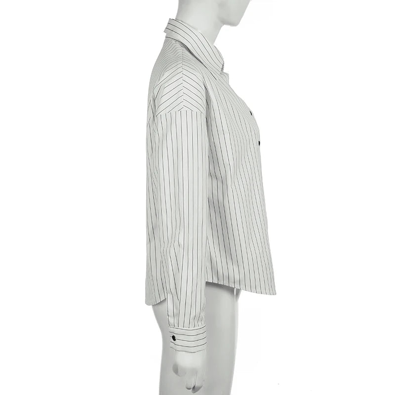 Aiertu  -  Fashion Chic Loose Stripe Women Shirt Top Buttons Long Sleeve Elegant Casual Autumn Blouse Streetwear Clothes Spring Aiertu