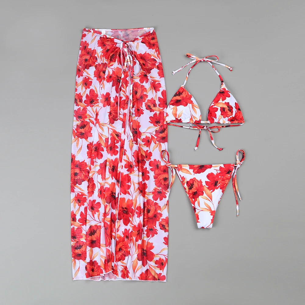 Aiertu  -  Sexy Folwer Print  3 Pieces Bikini Set 2025 Summer Beach Wear Brazilian Bikinis Swimsuit With Beach Skirt Swimwear Cover-up Aiertu