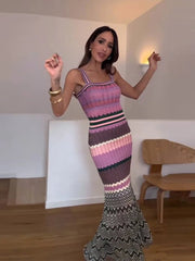 Aiertu  -  Striped Knitted Halter Dress Slimming Waist Cinching Color Patchwork Sexy Suspender Robes Beach Women Fashion Strap Long Dresses Aiertu