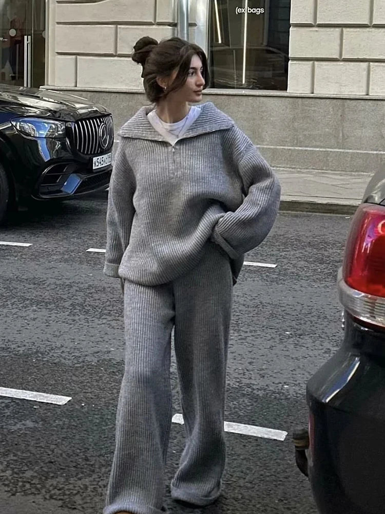 Aiertu  -  Grey Autumn Winter Knitted Sweater Pants Set 2 Pcs Outfits Thick Casual Wide Leg Pants Zip Pullover Female Loose Set Aiertu
