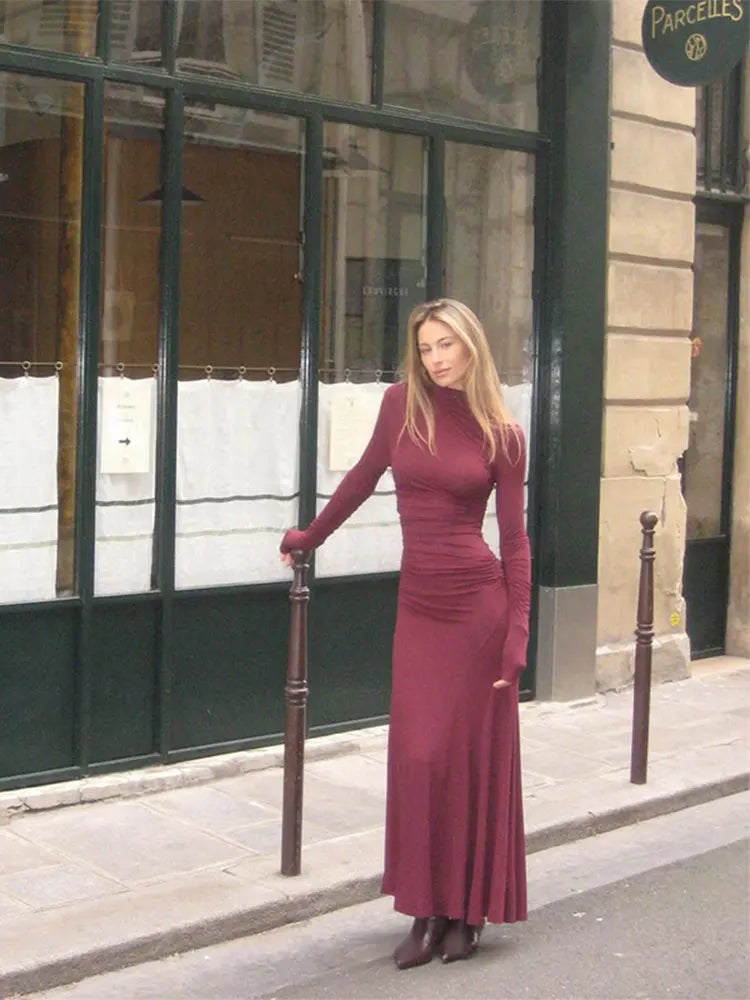 Aiertu  -  Elegant Grape Purple Pleated High Collar Long Dress Women Fashion Long Sleeve Bodycorn Maxi Dresses 2026 Lady High Street Robes Aiertu