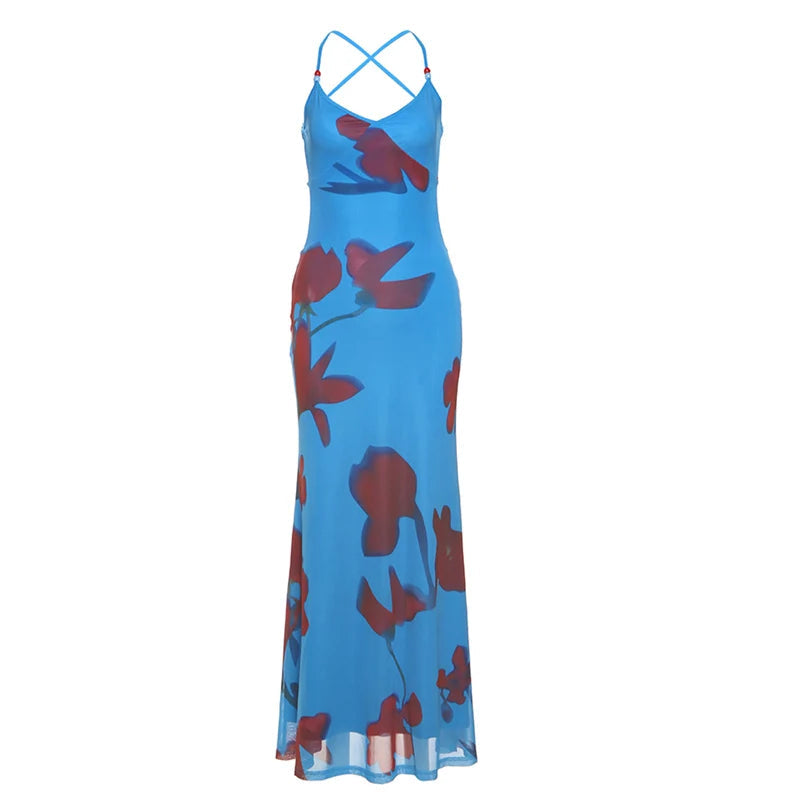 Aiertu  -  Print Maxi Dress Women Lace-Up Cross Backles Double Deck Skinny Tight Stretch Beach Vacation Summer Trend Vestidos Aiertu