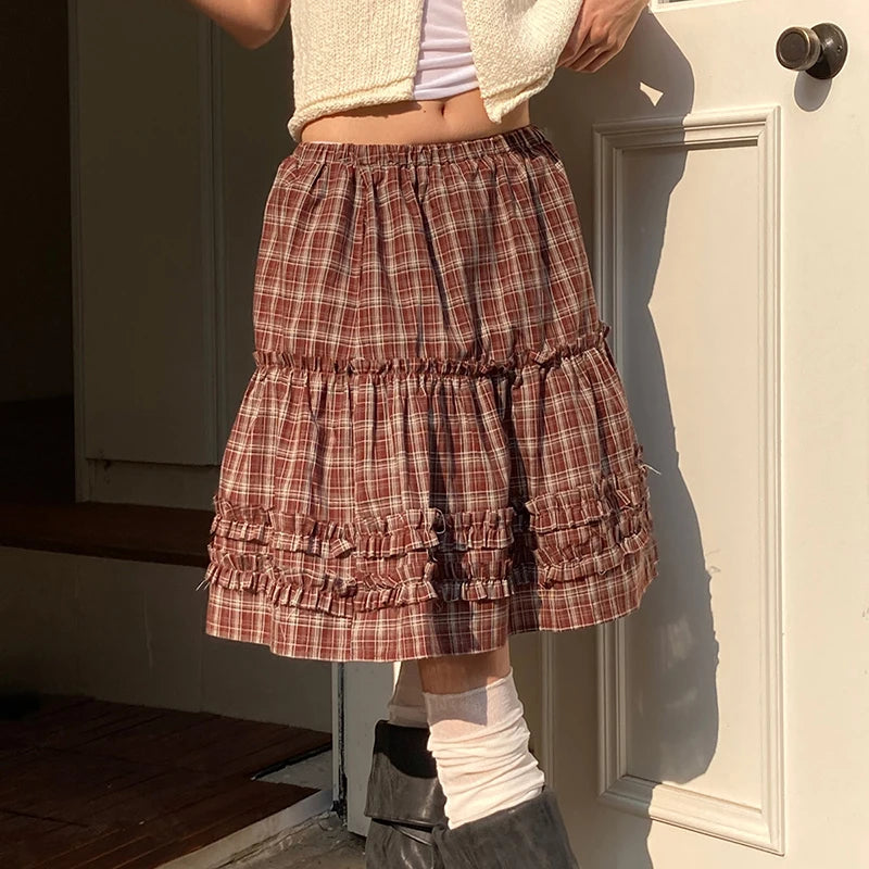 Aiertu  -  Vintage Plaid Mini Skirt Women Japanese Harajuku Ruffles Patchwork Black Skirts Summer High Waist Casual A Line Faldas New Aiertu