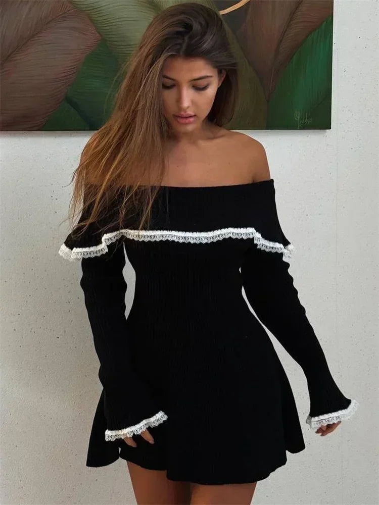 Aiertu  -  Knit Off Shoulder Sweater Dress For Women Sexy Lace Patchwork Rib Pullover Party Elegant Backless Knitwear Mini Dresses Aiertu