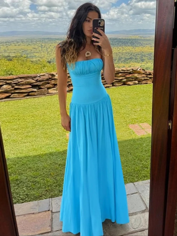 Aiertu  -  Ruched Spaghetti Strap Sexy Maxi Dress For Women Patchwork High-Waist Solid Elegant Sleeveless Slim Club Party Dress Aiertu