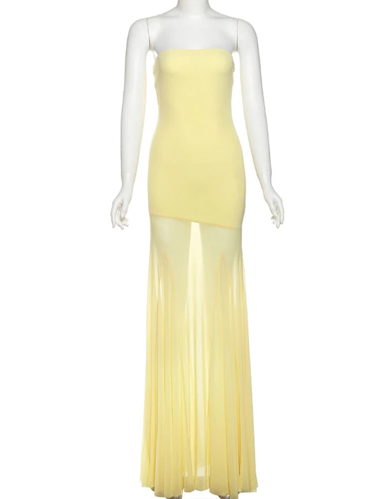 Aiertu  -  See Through Dress Women Patchwork Temperament Solid Pleated Strapless Sleeveless Backless Slim Banquet Party Vestidos Aiertu